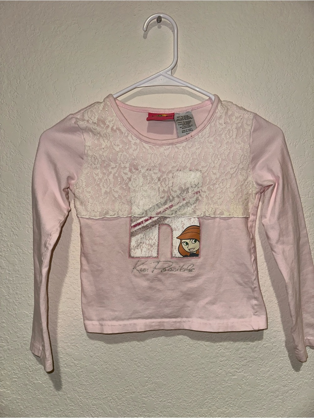 Y2K Disneys Kim Possible Long-Sleeve Pink Lace Panel Graphic Top 7/8